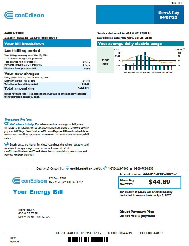 USA Conedison utility bill template in Word and PDF formats, version 4